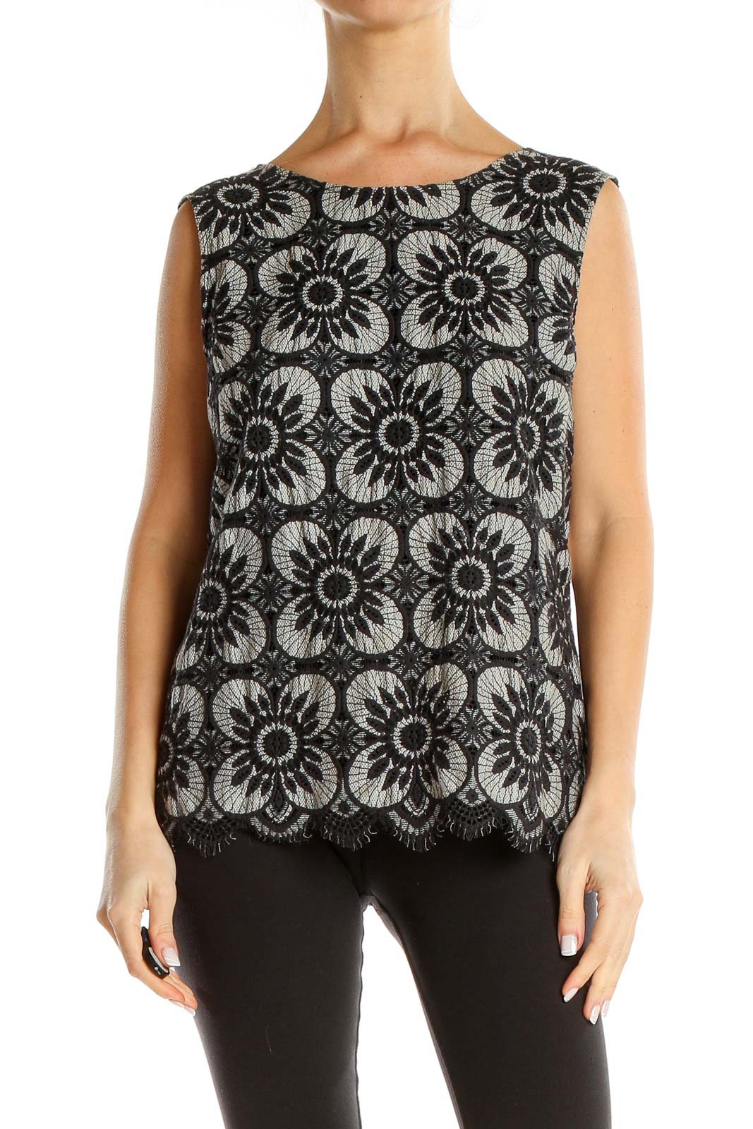 Gray Black Embroidered Floral Print Bohemian Top Front