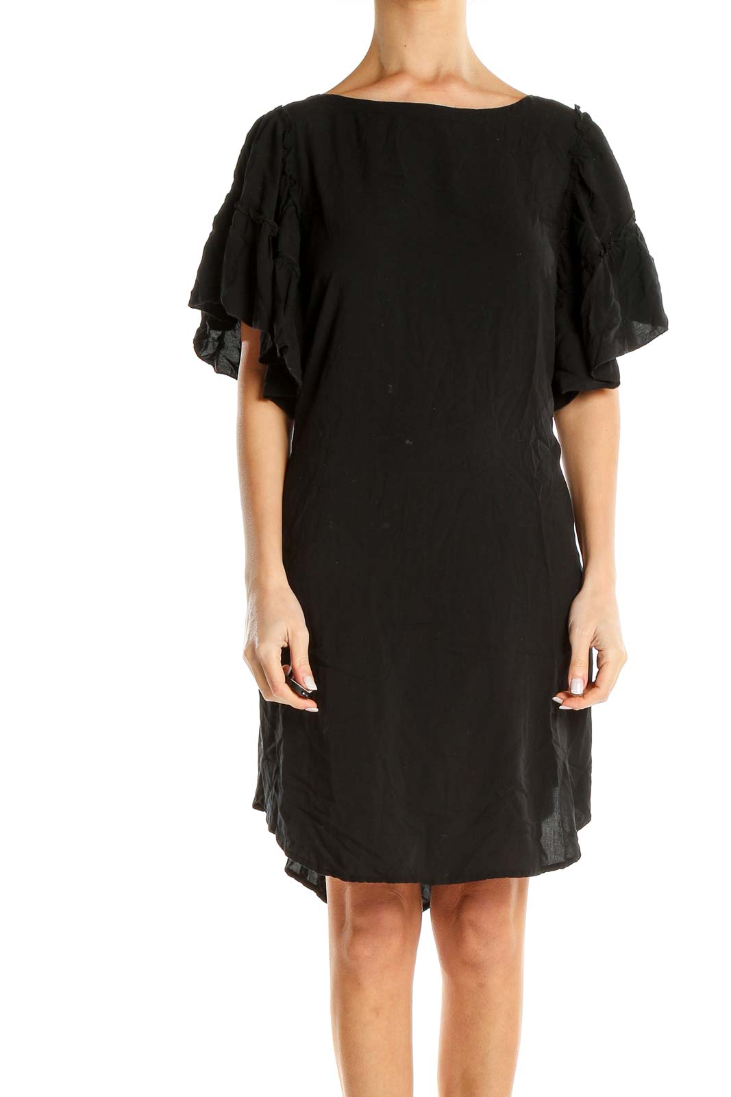 Ruffle Sleeve Black Shirt Dress Front