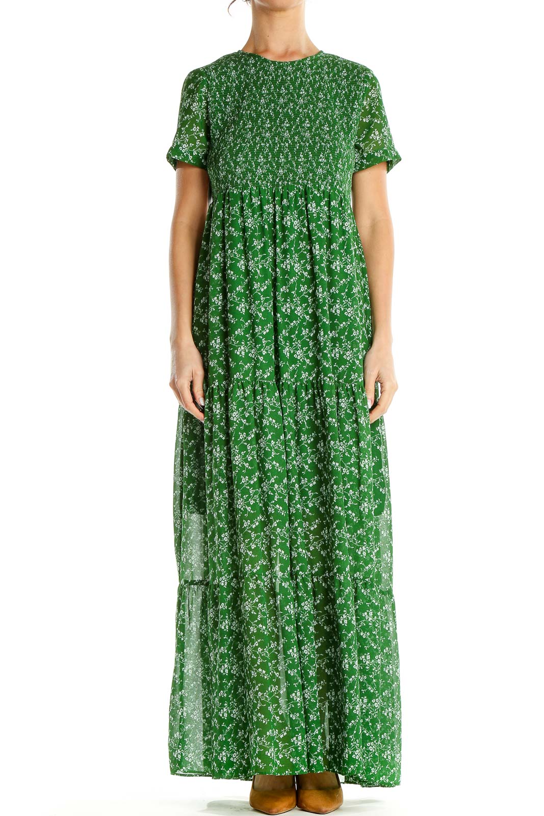 Green Floral Print Tiered Maxi Dress Front