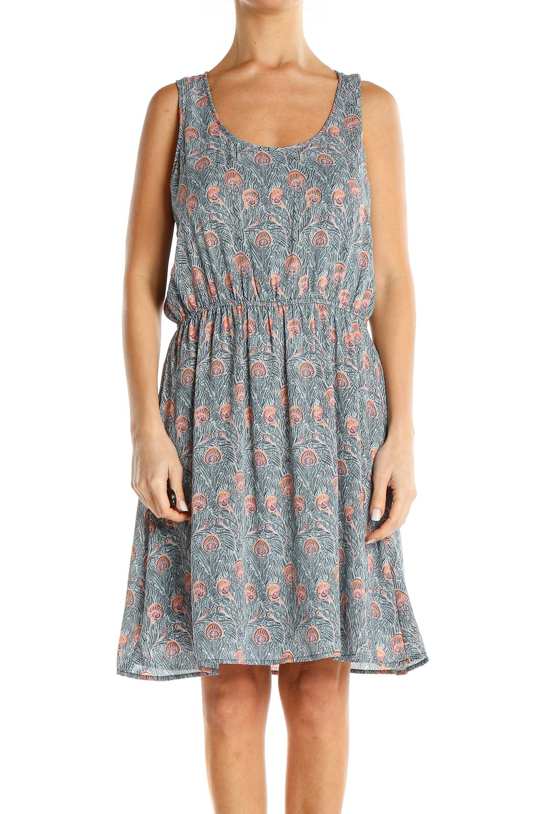 Blue Bohemian Peacock Print Fit & Flare Dress Front