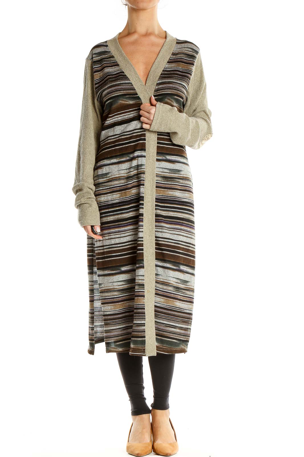 Beige Brown Striped Long Cardigan Front