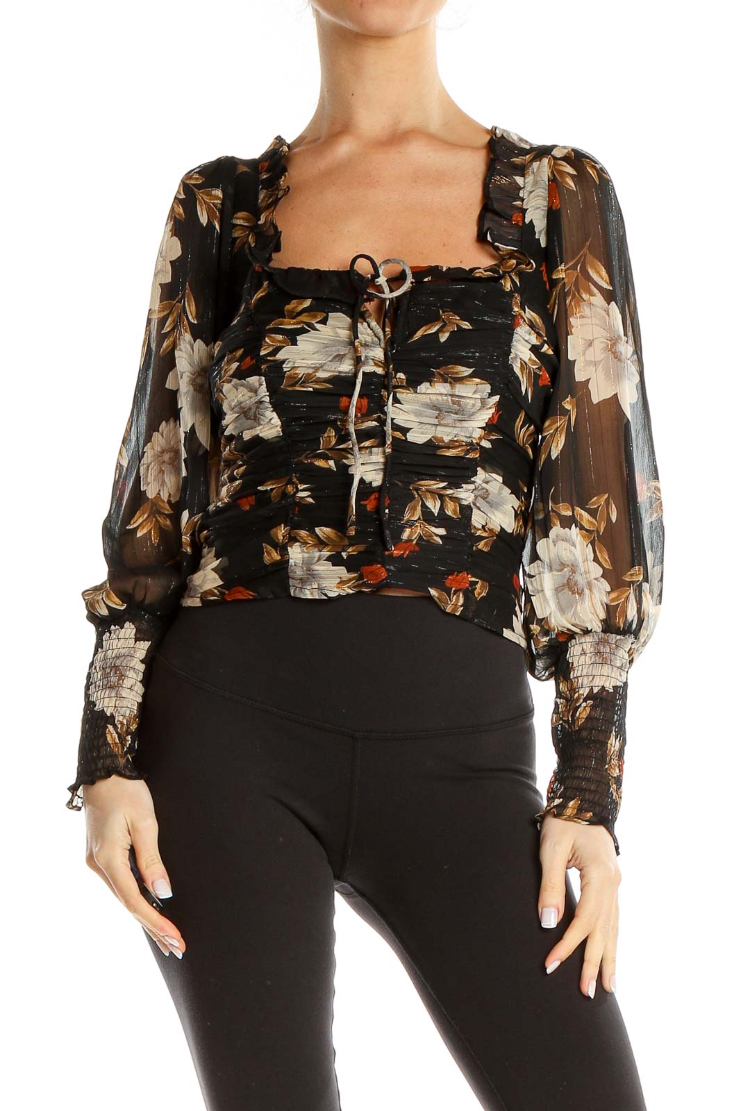 Black Floral Print Metallic Ruched Cropped Blouse Front