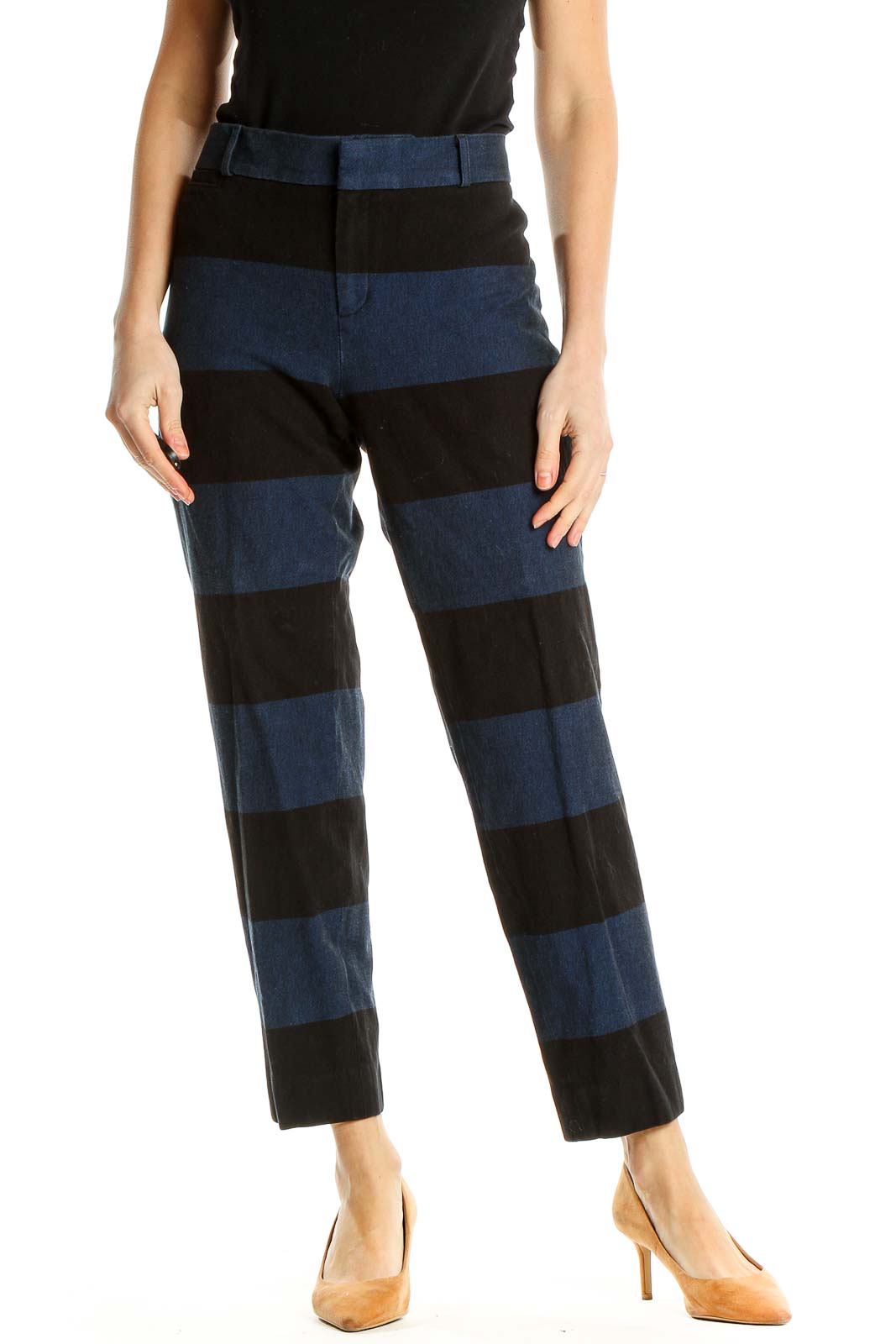 Blue Black Striped Cropped Trousers Front