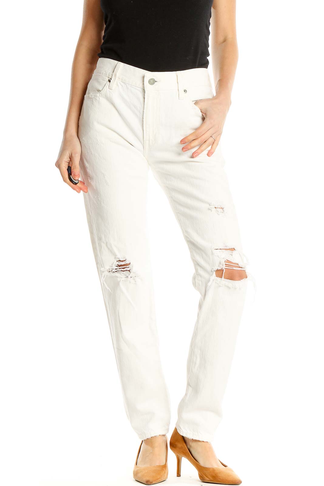 White Distressed Straight Leg Jeans Front
