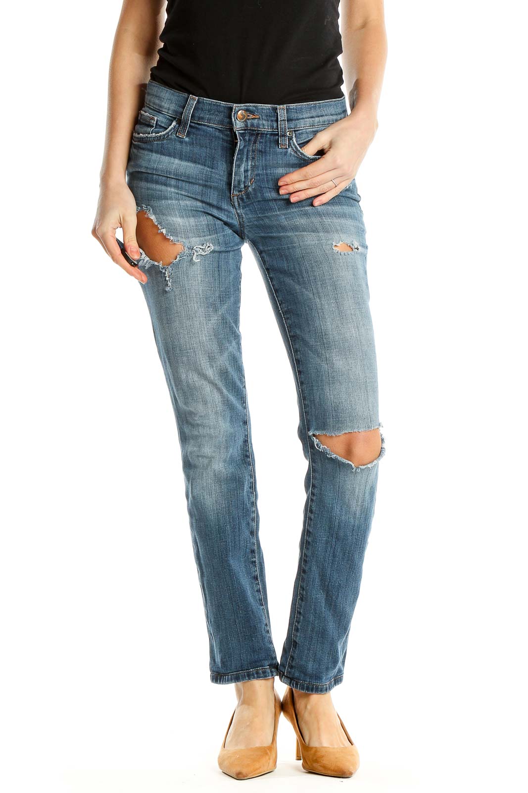Blue Cropped Distressed Straight Leg Jeans Front