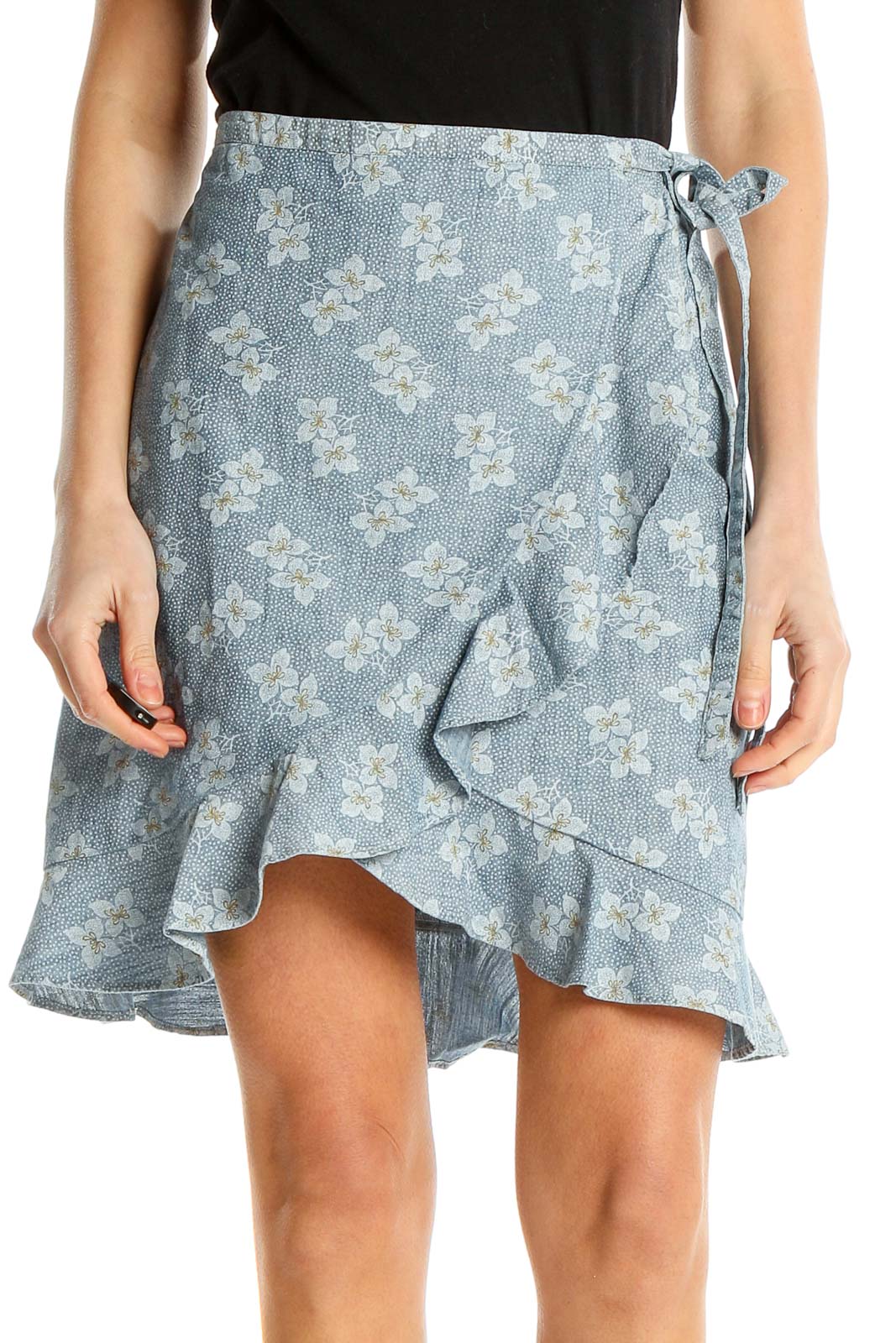 Blue Cotton Printed Chic Ruffle Wrap Skirt Front