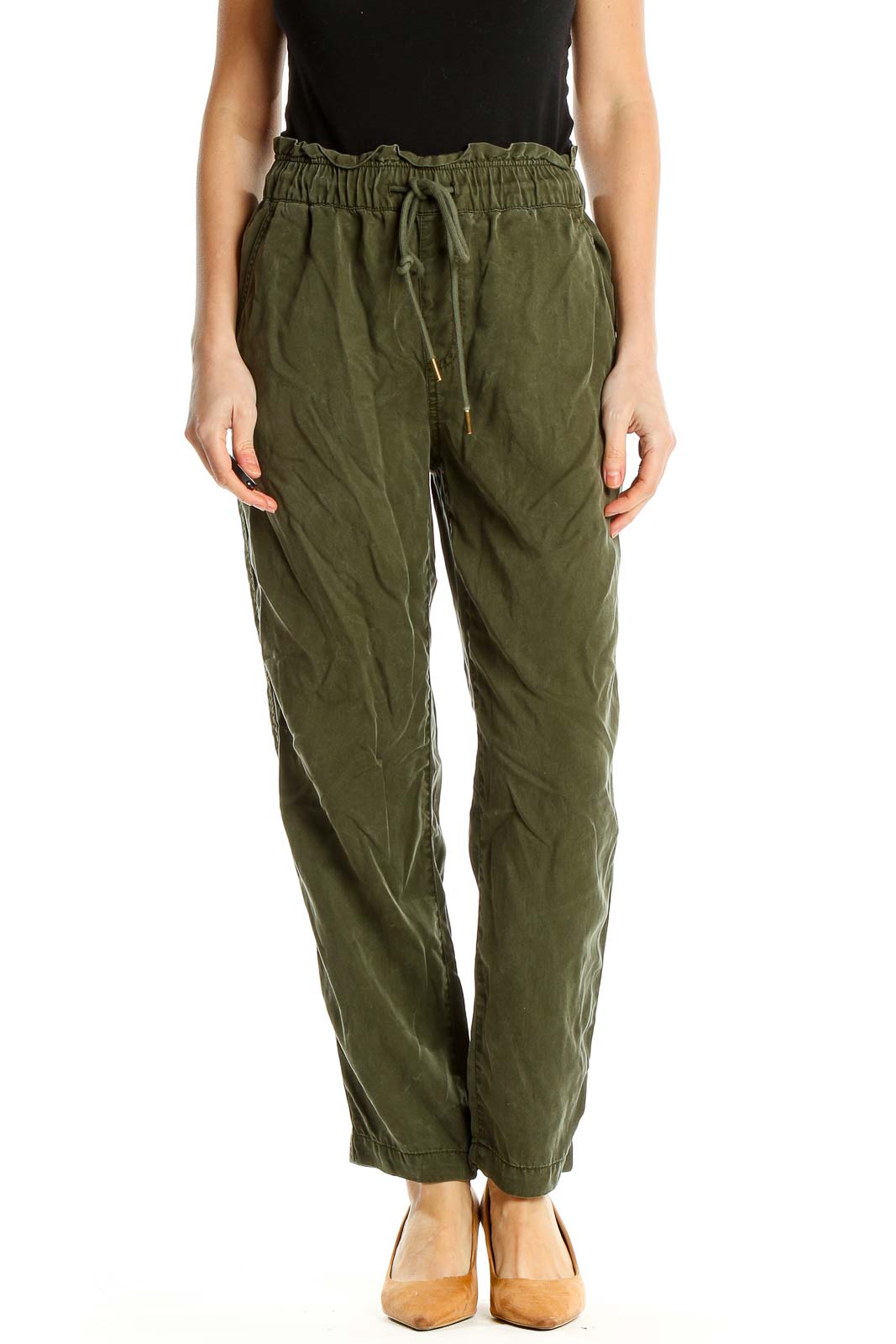 Green Casual Lyocell Drawstring Pants Front