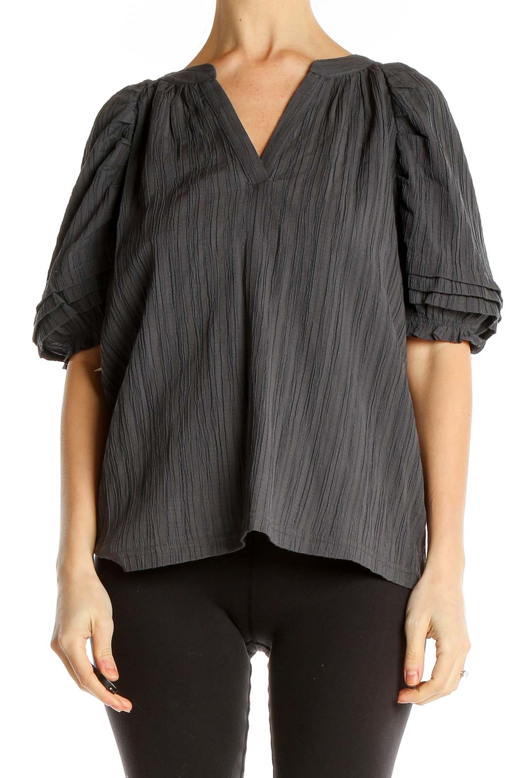 Gray Textured Puff Sleeve Brunch Blouse Front