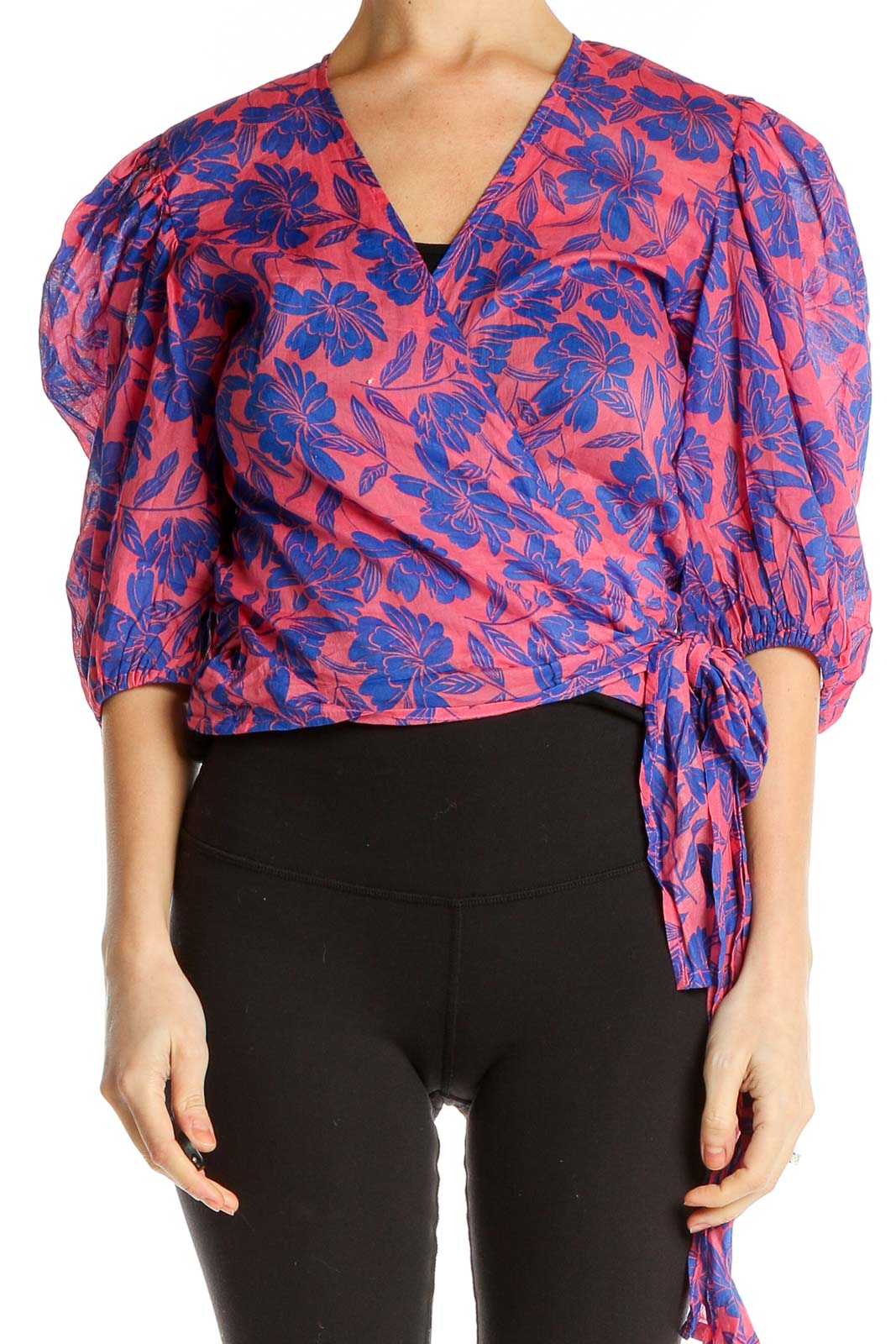 Blue Pink Floral Print Puff Sleeve Wrap Blouse Front