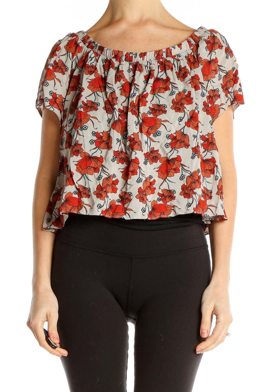 Gray Red Floral Print Bohemian Cropped Blouse Front
