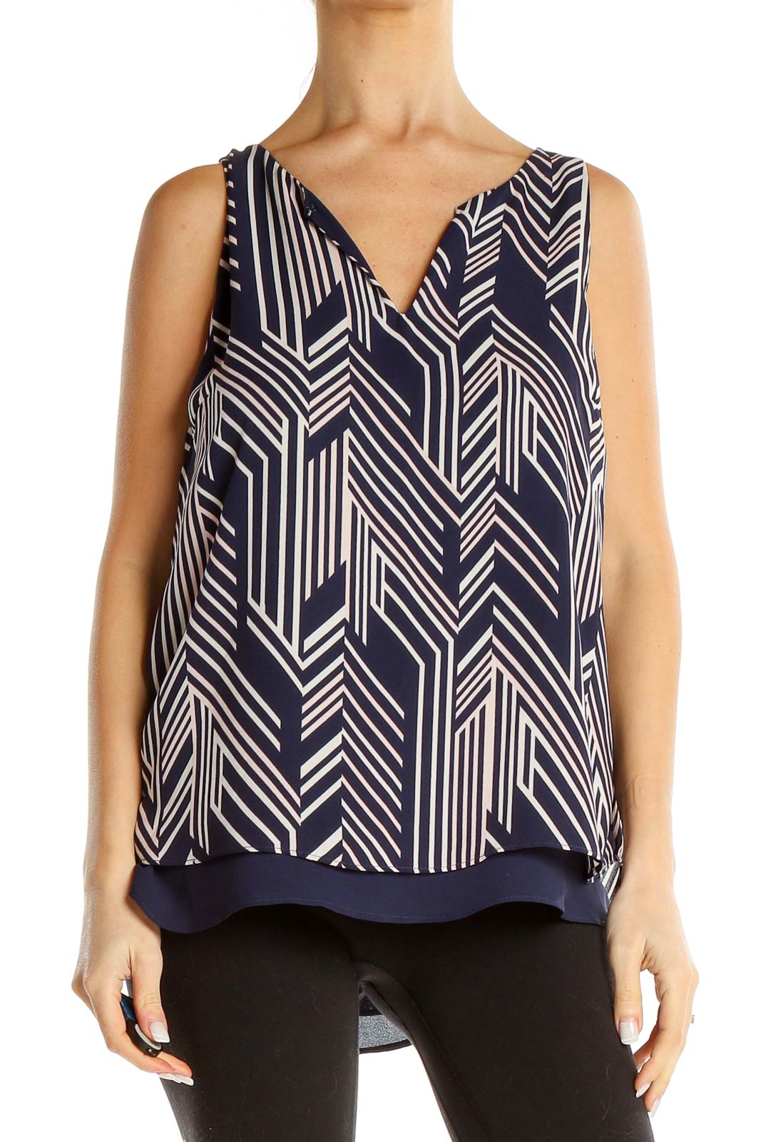 Blue Printed Sleeveless Blouse Front