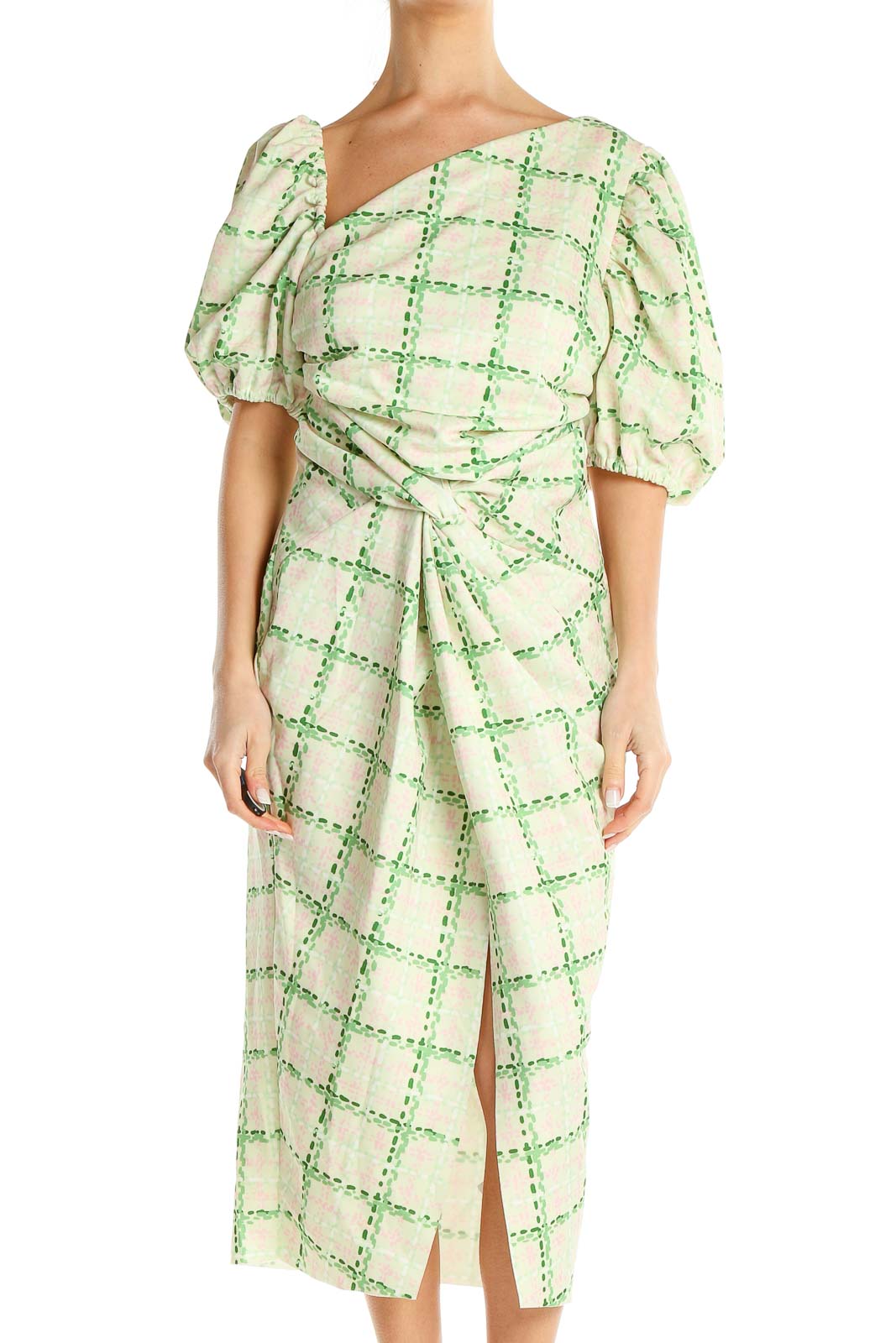 Green Checkered Asymmetrical Drape Midi Dress Front