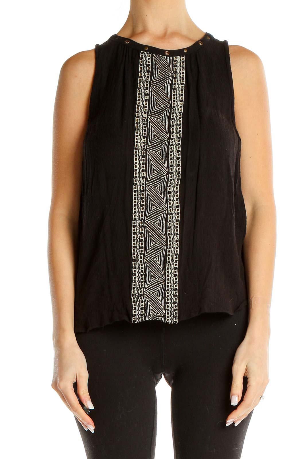 Black Aztec Embroidered Bohemian Tank Top Front