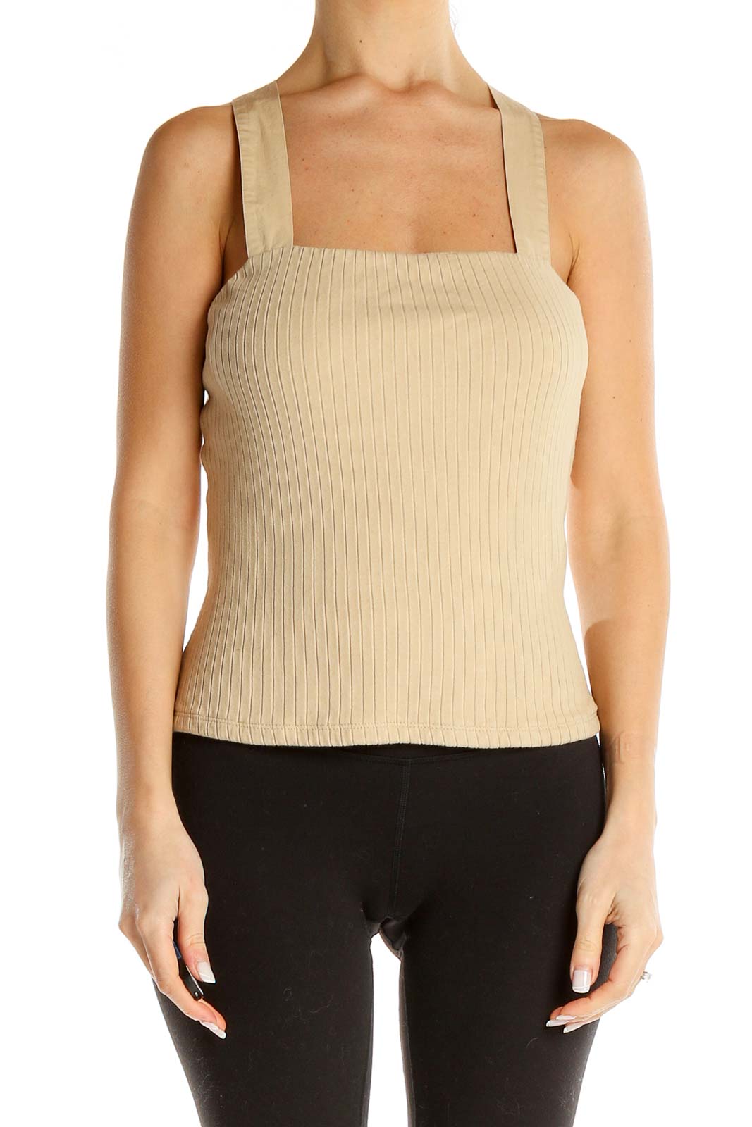 Beige Ribbed Chic Tank Top Front
