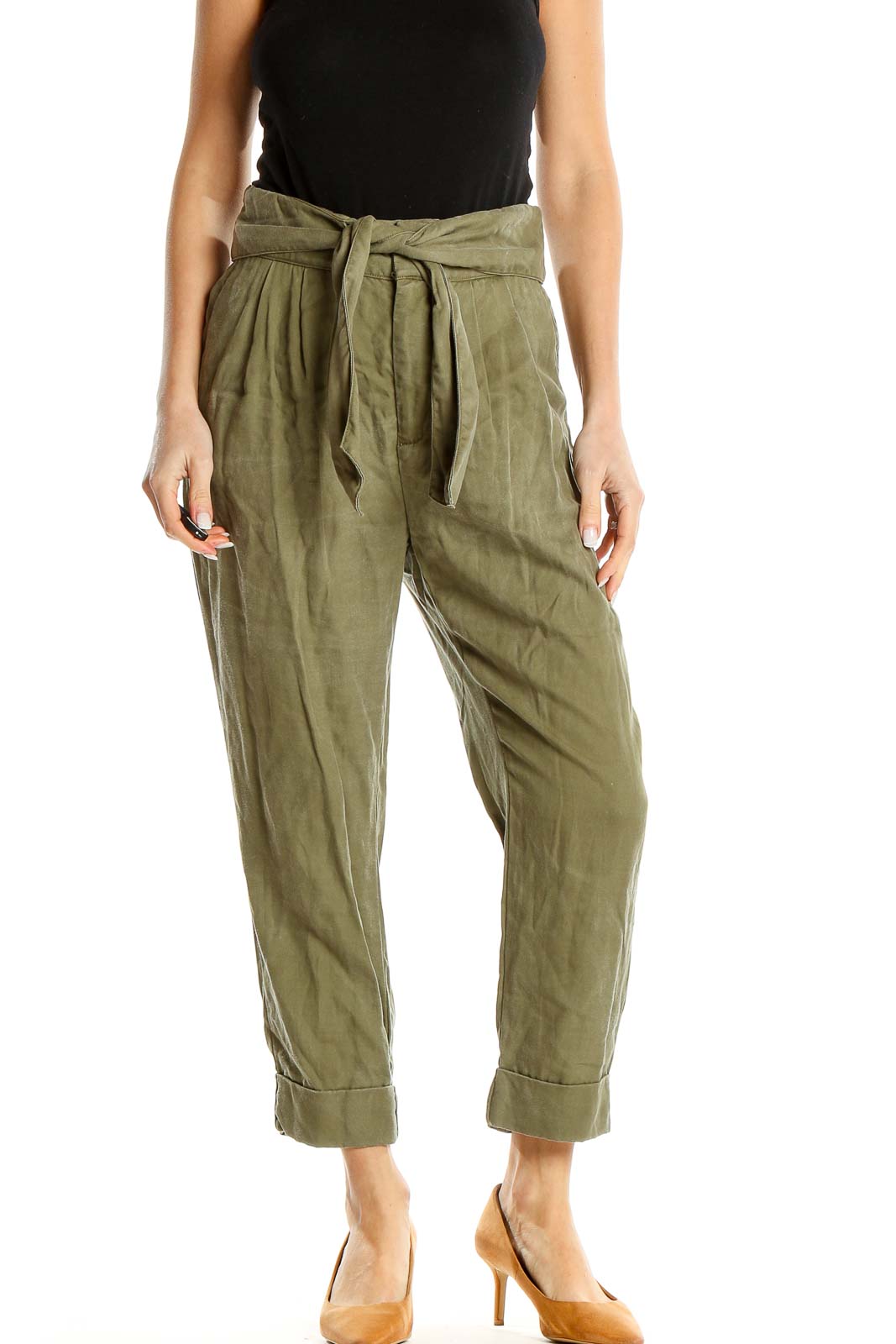 Green Cropped Tie Waist Pants Front