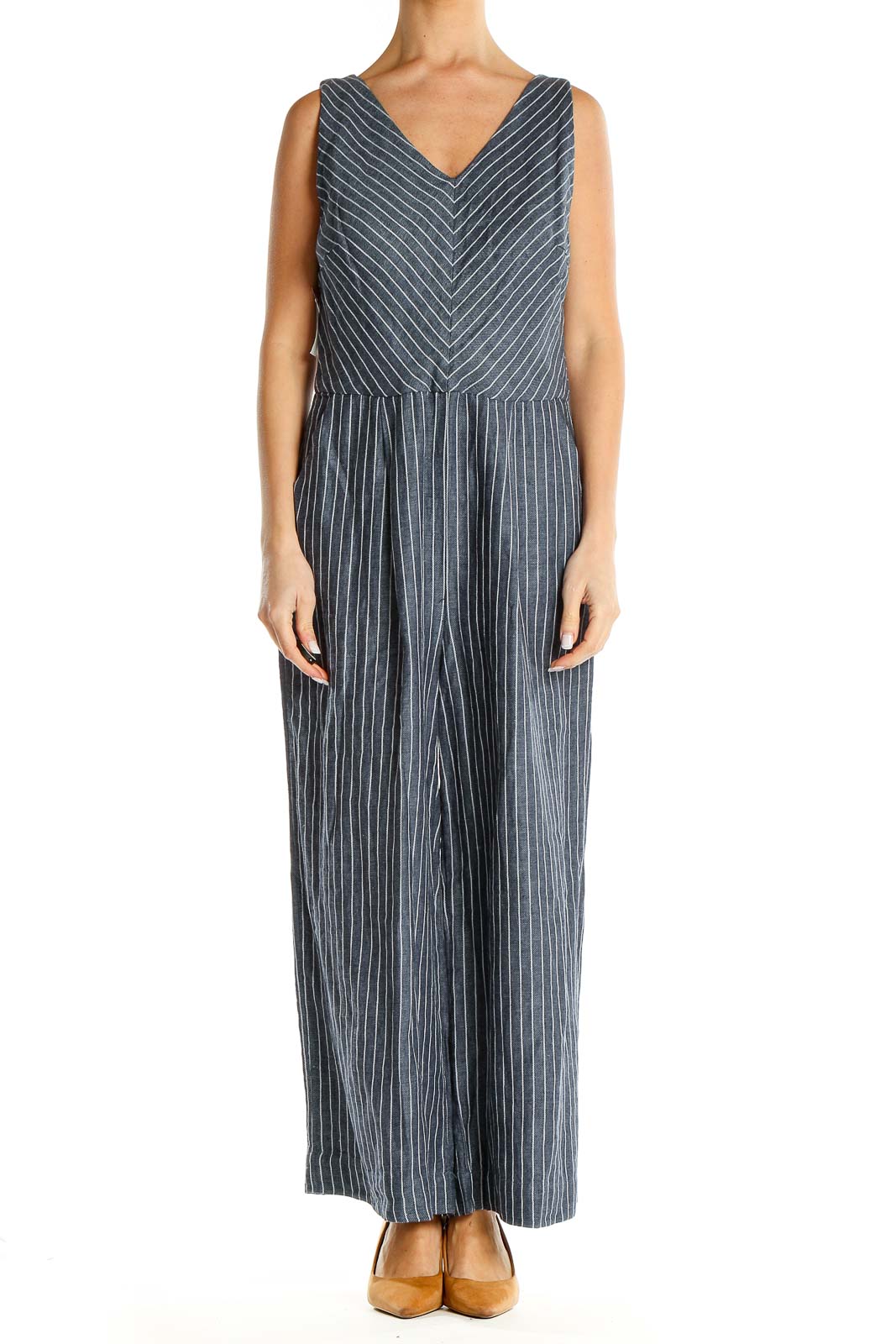 Blue Sleeveless Striped Jumpsuit Front