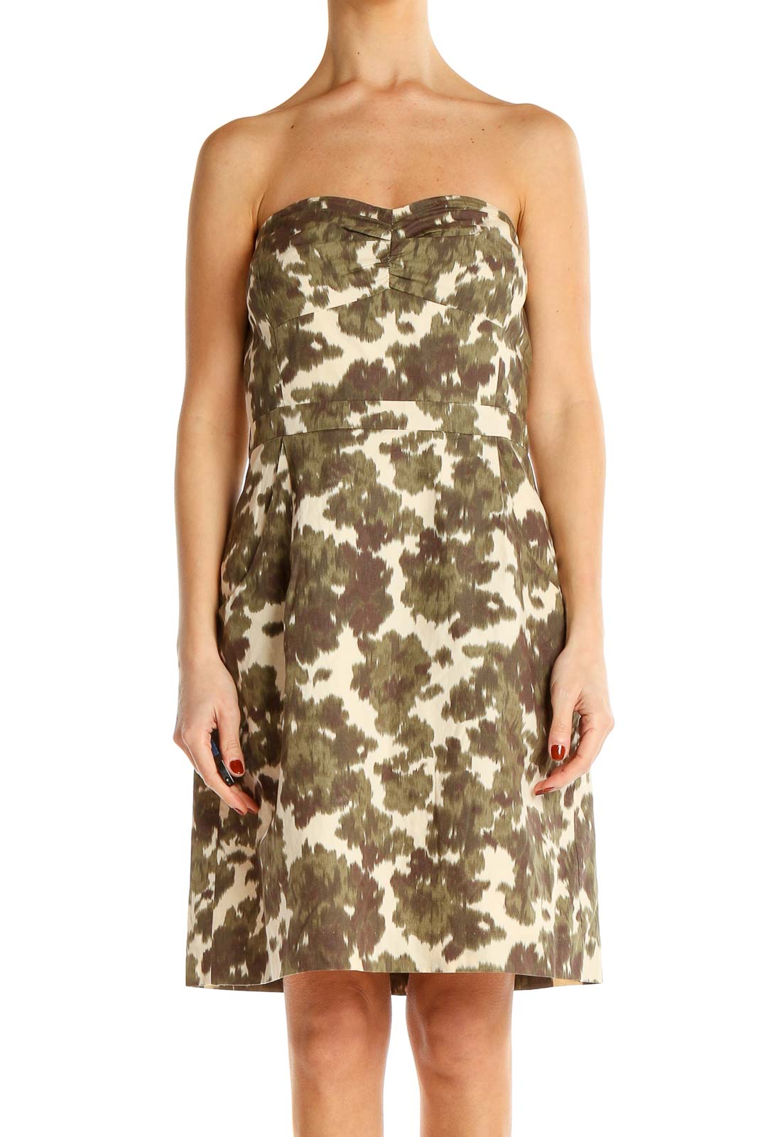 Green Printed Strapless Sheath Dress Front