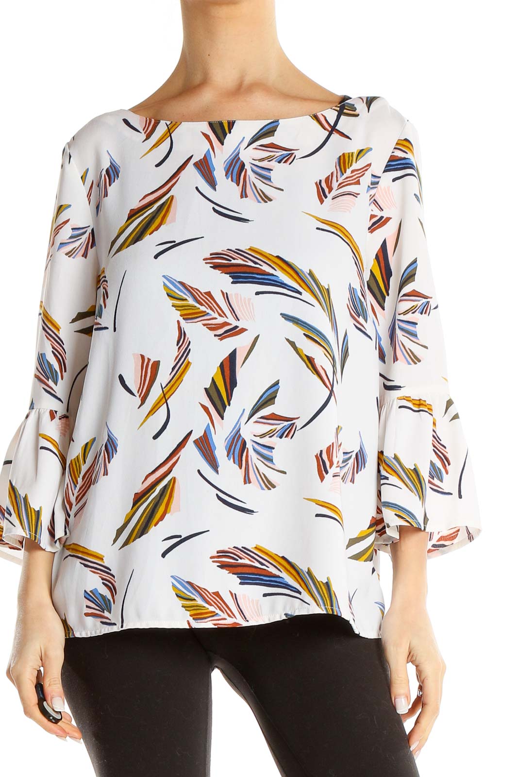 White Feather Print Blouse Front