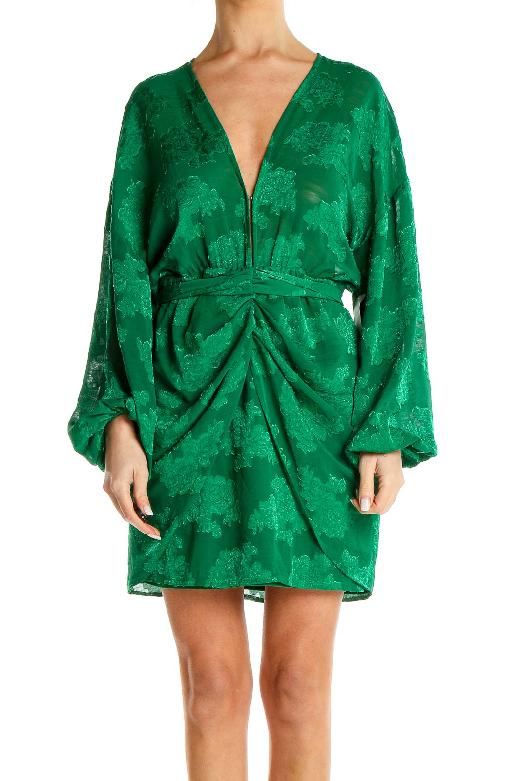 Green Floral Print Jacquard Mini Dress Front