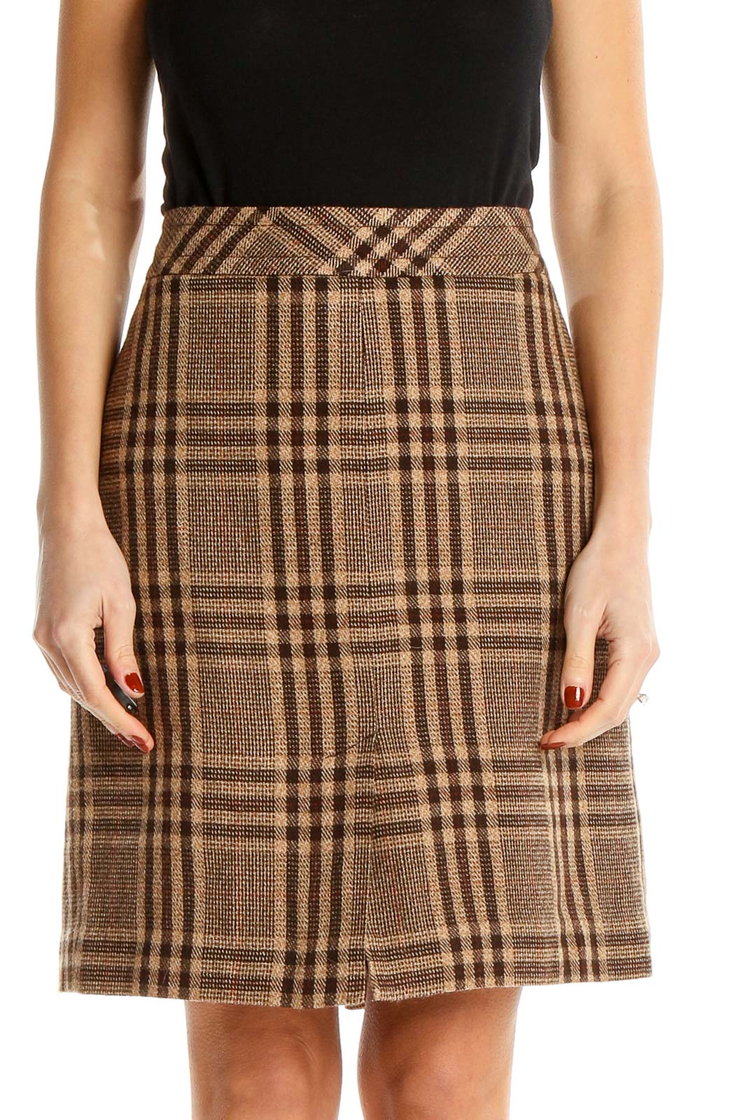 Brown Checkered Chic A-Line Skirt Front
