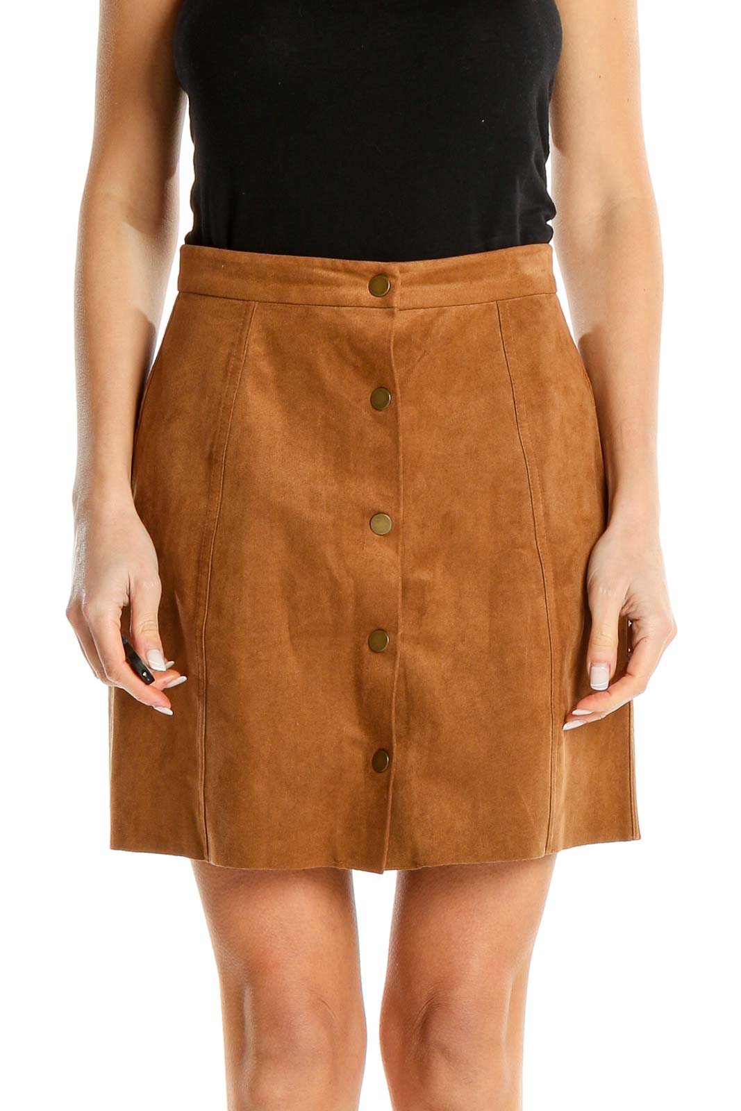 Brown Suede A-Line Skirt Front