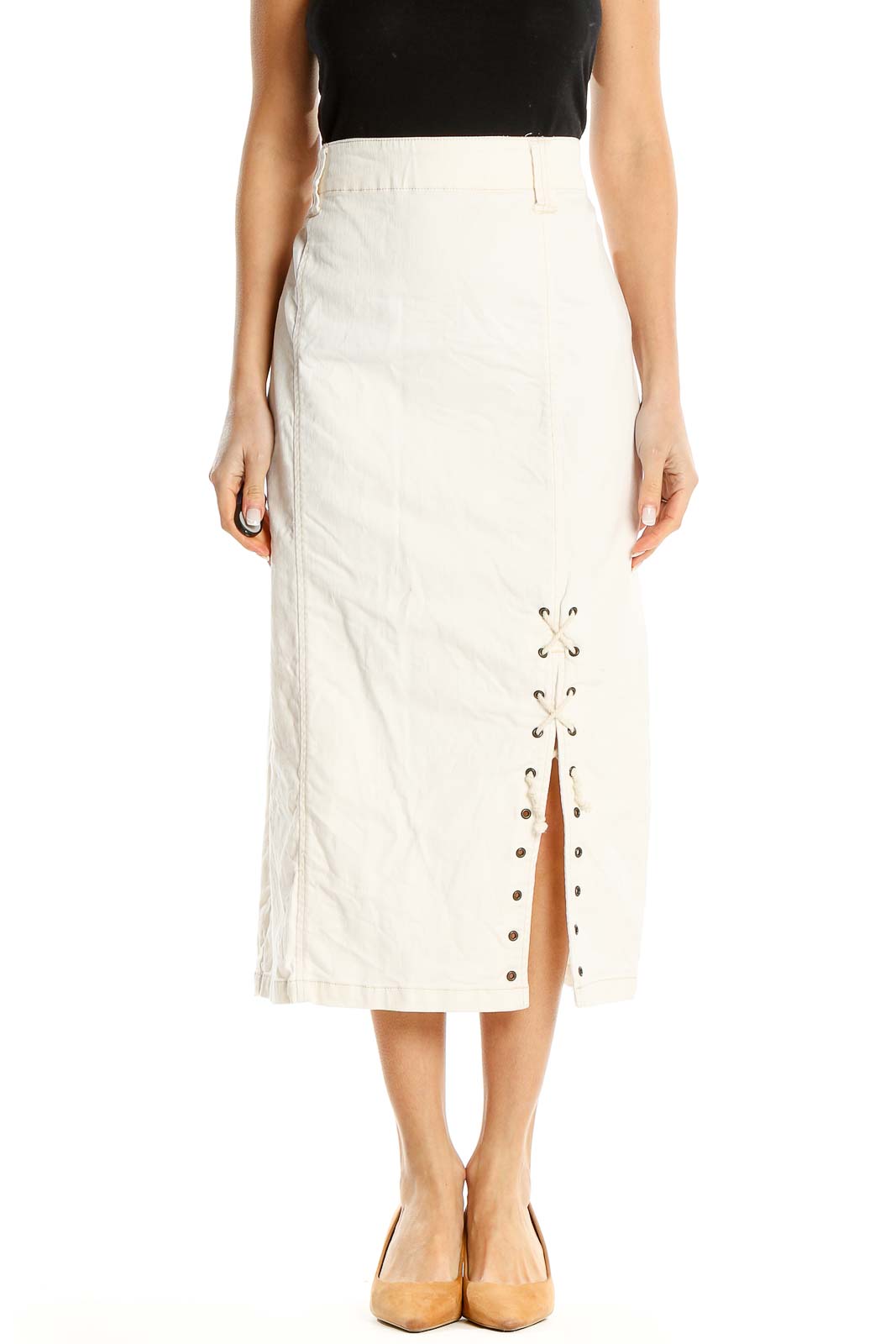 Lace-Up Slit White Midi Skirt Front