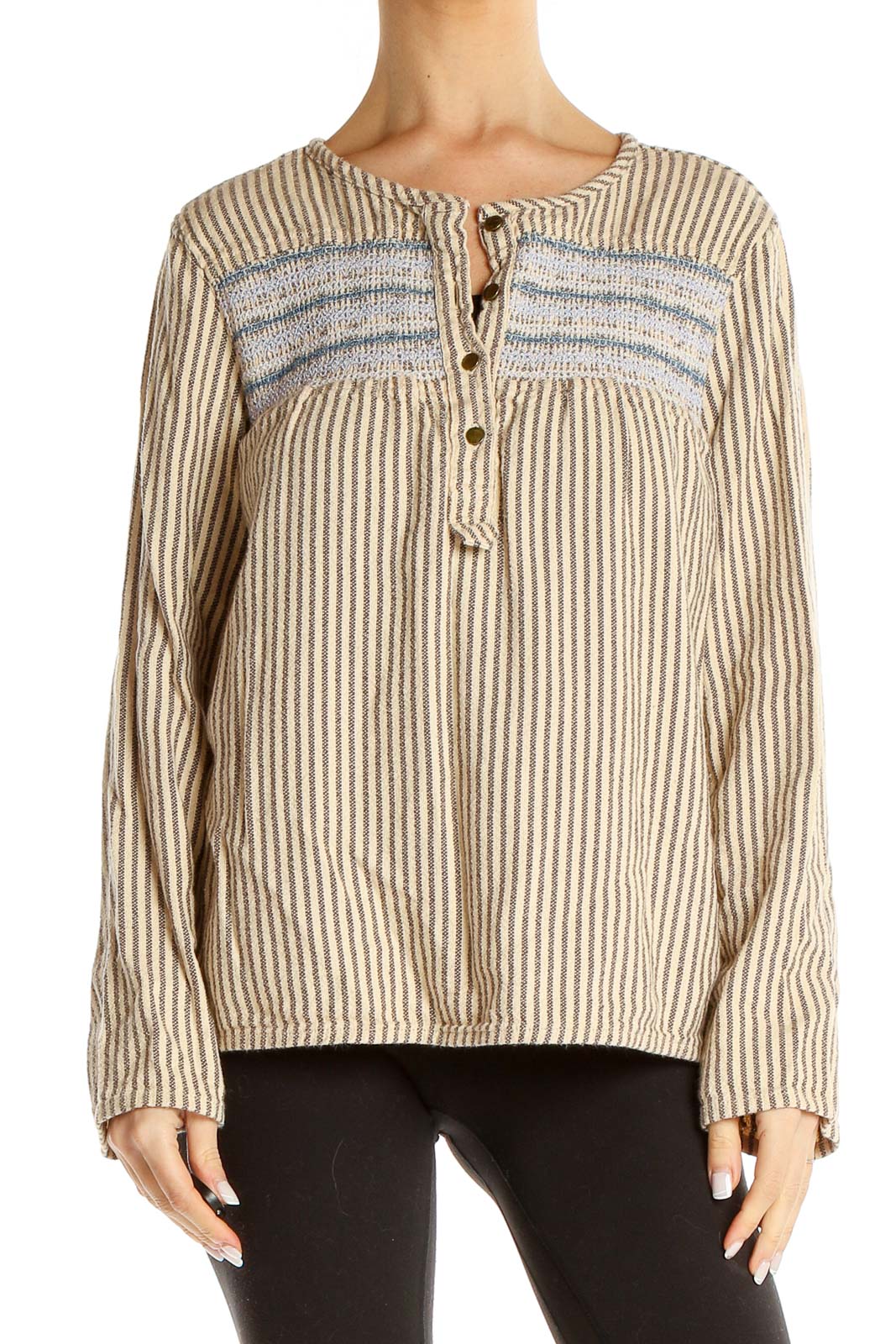 Brown Striped Embroidered Top Front