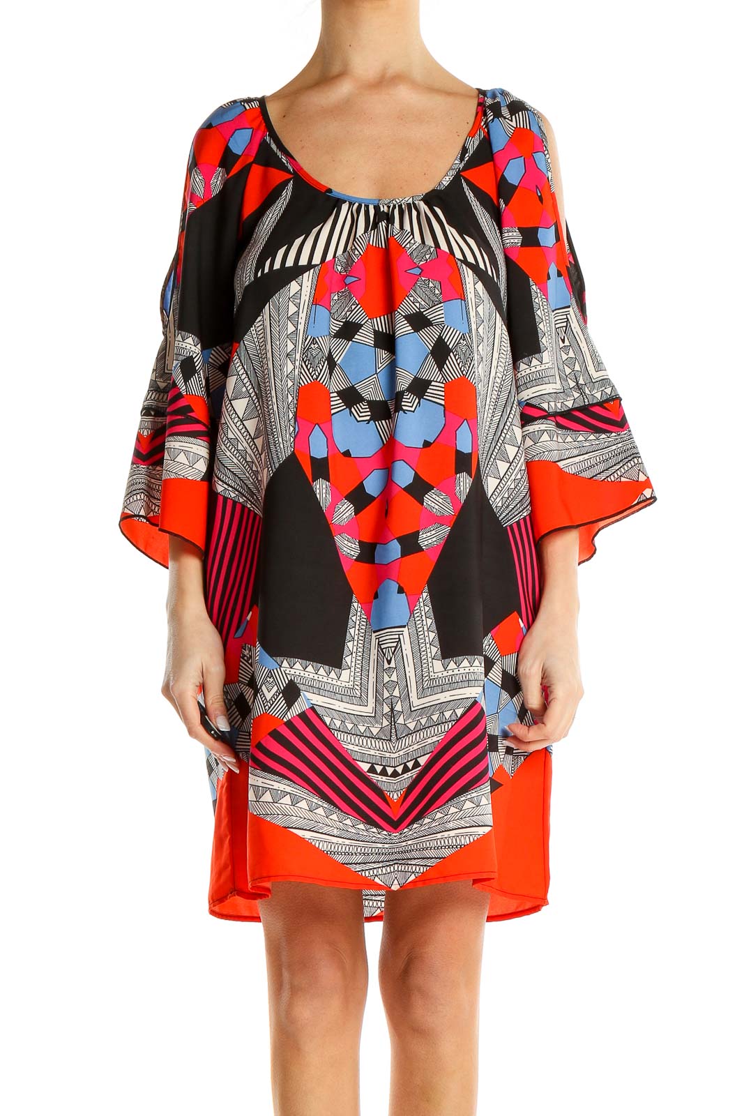 Multicolor Printed Holiday Shift Dress Front