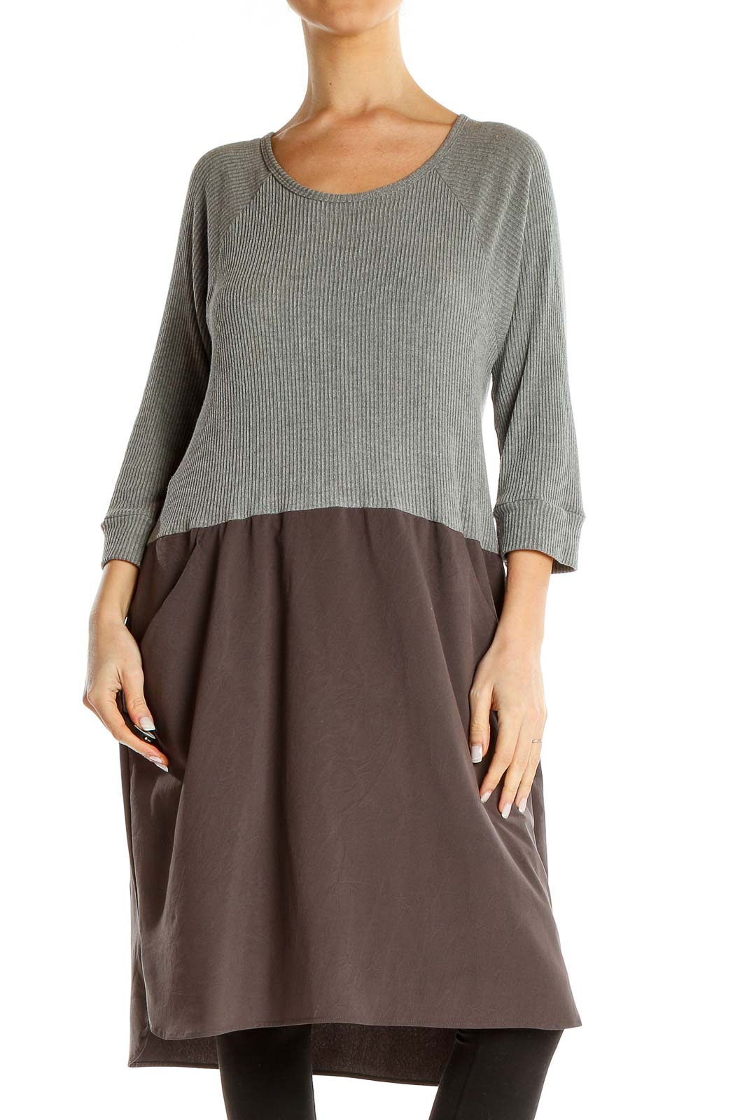 Gray Brown Colorblock Knit Shift Dress Front