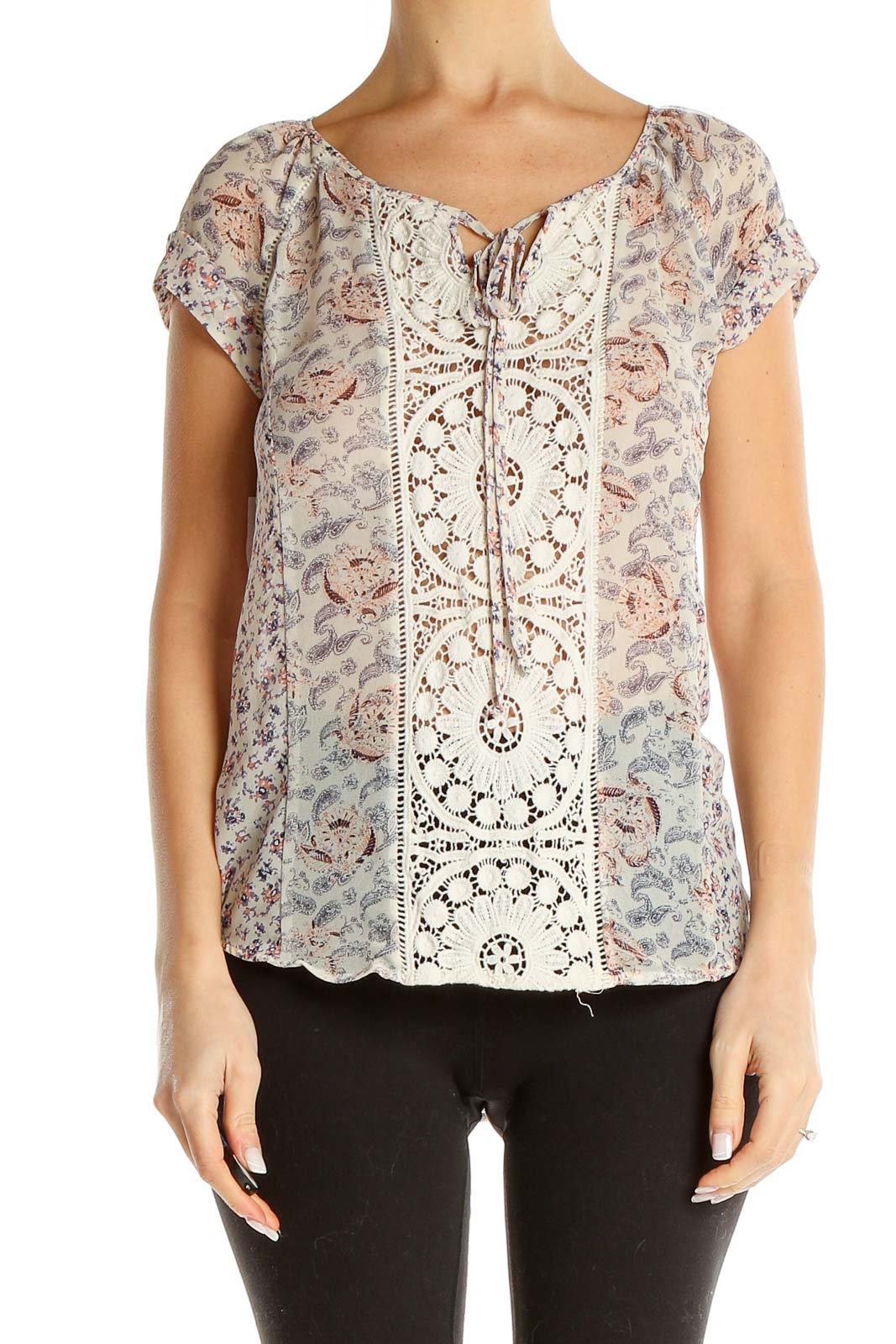 Beige Paisley Embroidered Bohemian Blouse Front