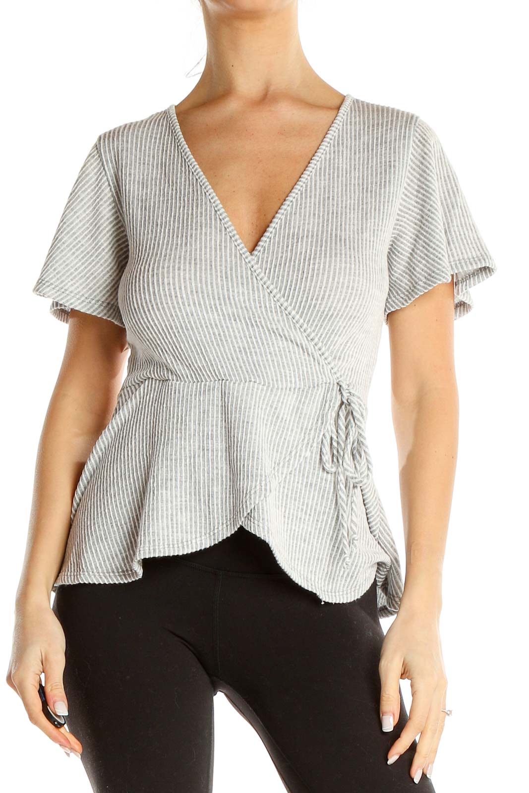 Gray Ribbed Tie Waist Top Front