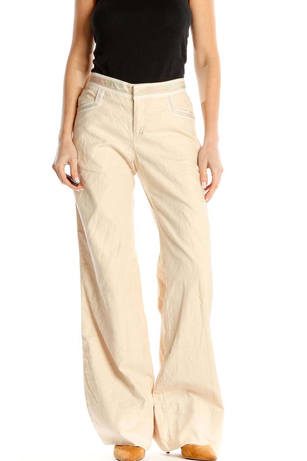 Beige Wide Leg Trousers With Waistband Detail Front