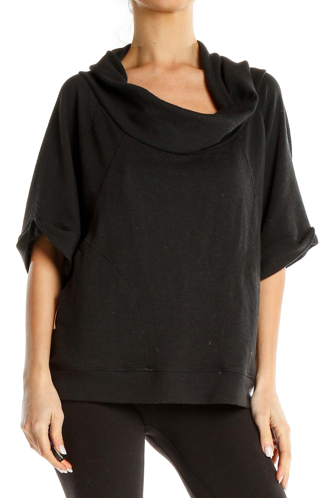 Black Cowl Neck Short Sleeve Sweater Front