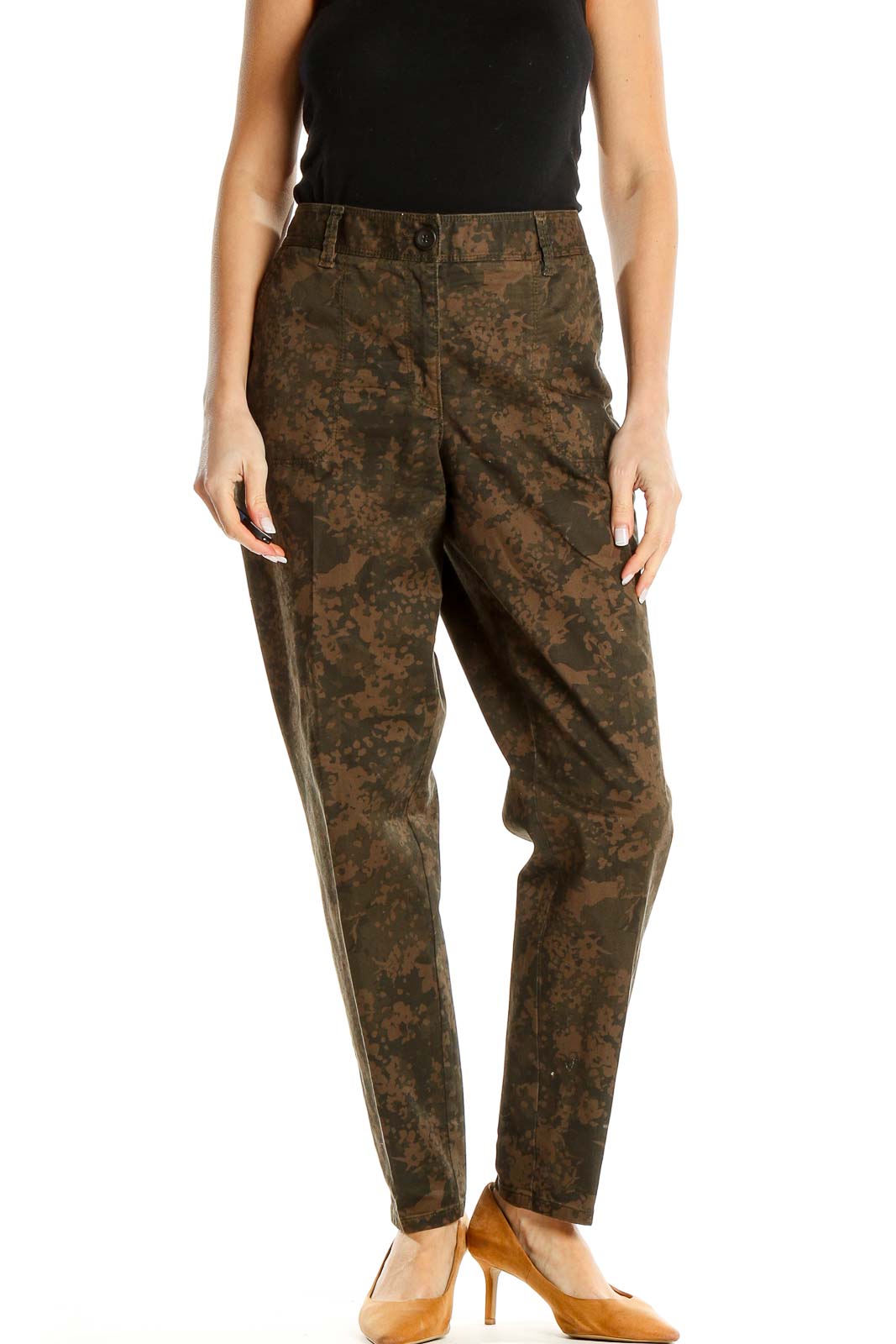 Brown Camouflage Print Casual Trousers Front