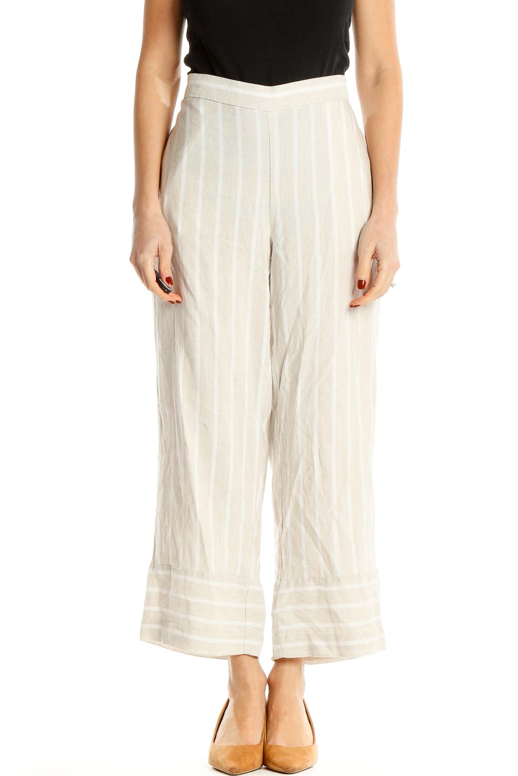 Beige Striped Holiday Culottes Pants Front