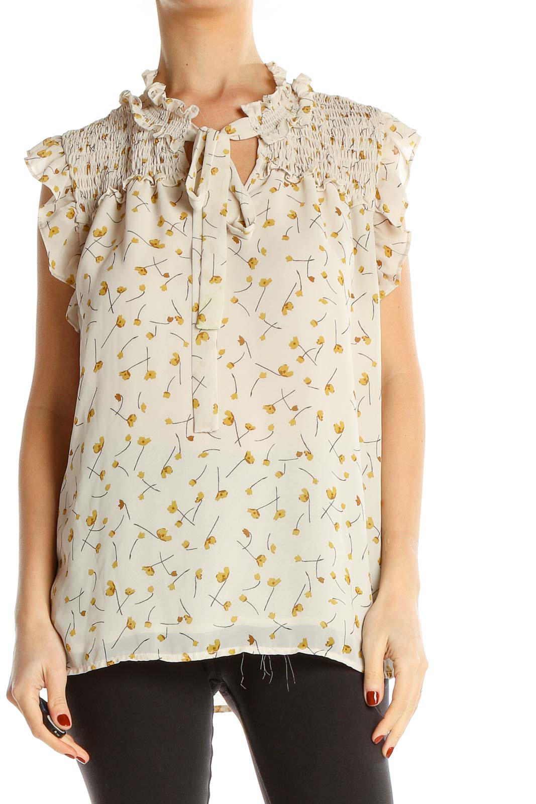 Beige Yellow Floral Print Bohemian Sleeveless Blouse Front