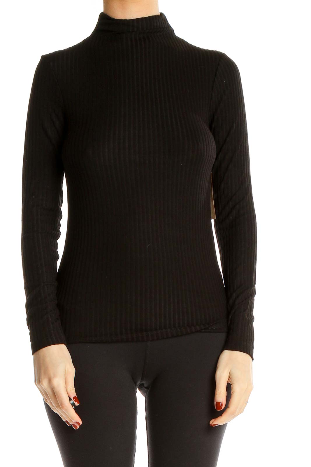 Black Ribbed Casual Turtleneck Front