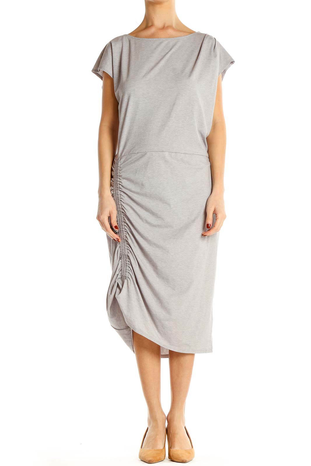 Cinched Gray Classic Sheath Dress Front