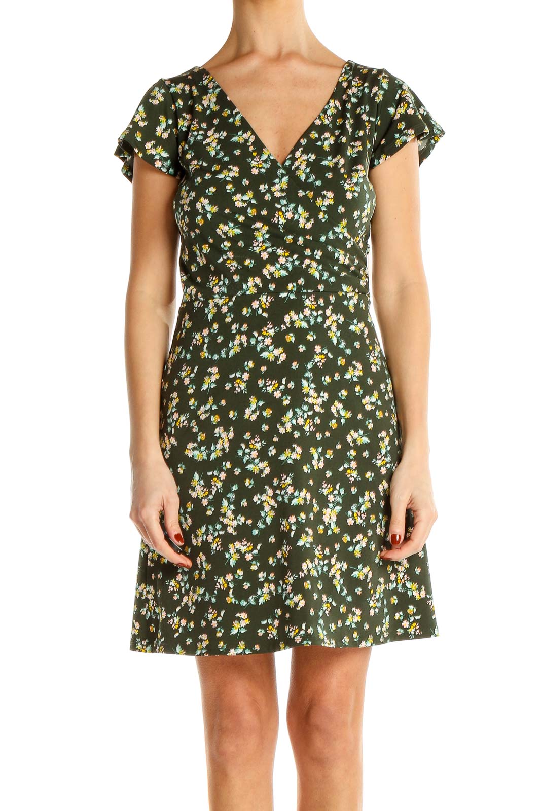 Green Floral Print Mini Dress Front