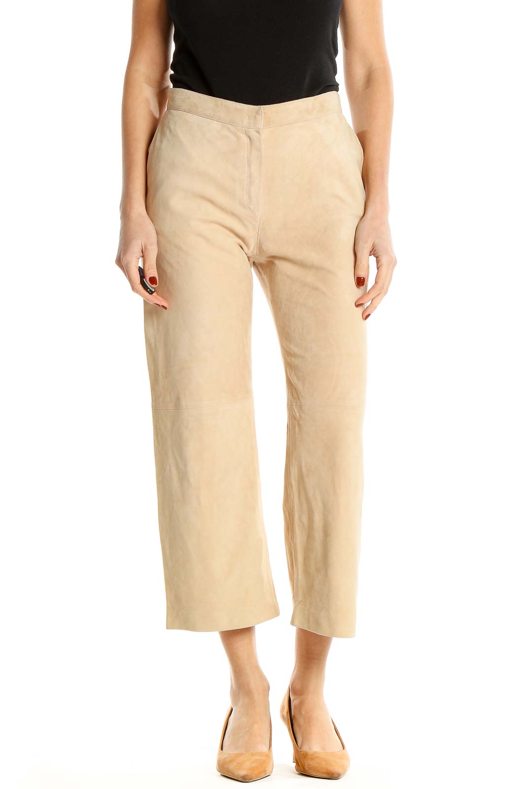 Beige Textured Classic Cropped Trousers Front