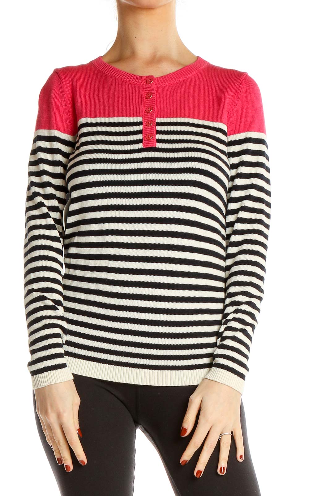 Black Pink White Striped Casual Top Front