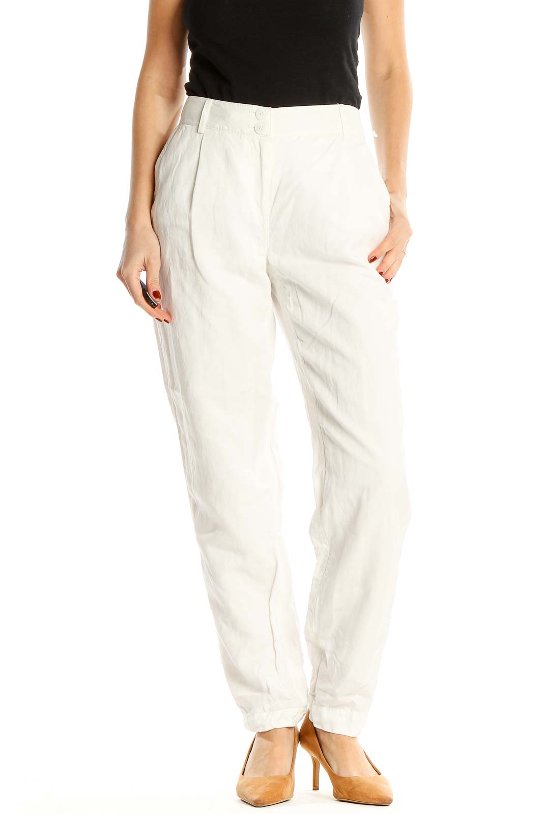 White Cotton Linen All Day Wear Pants Front