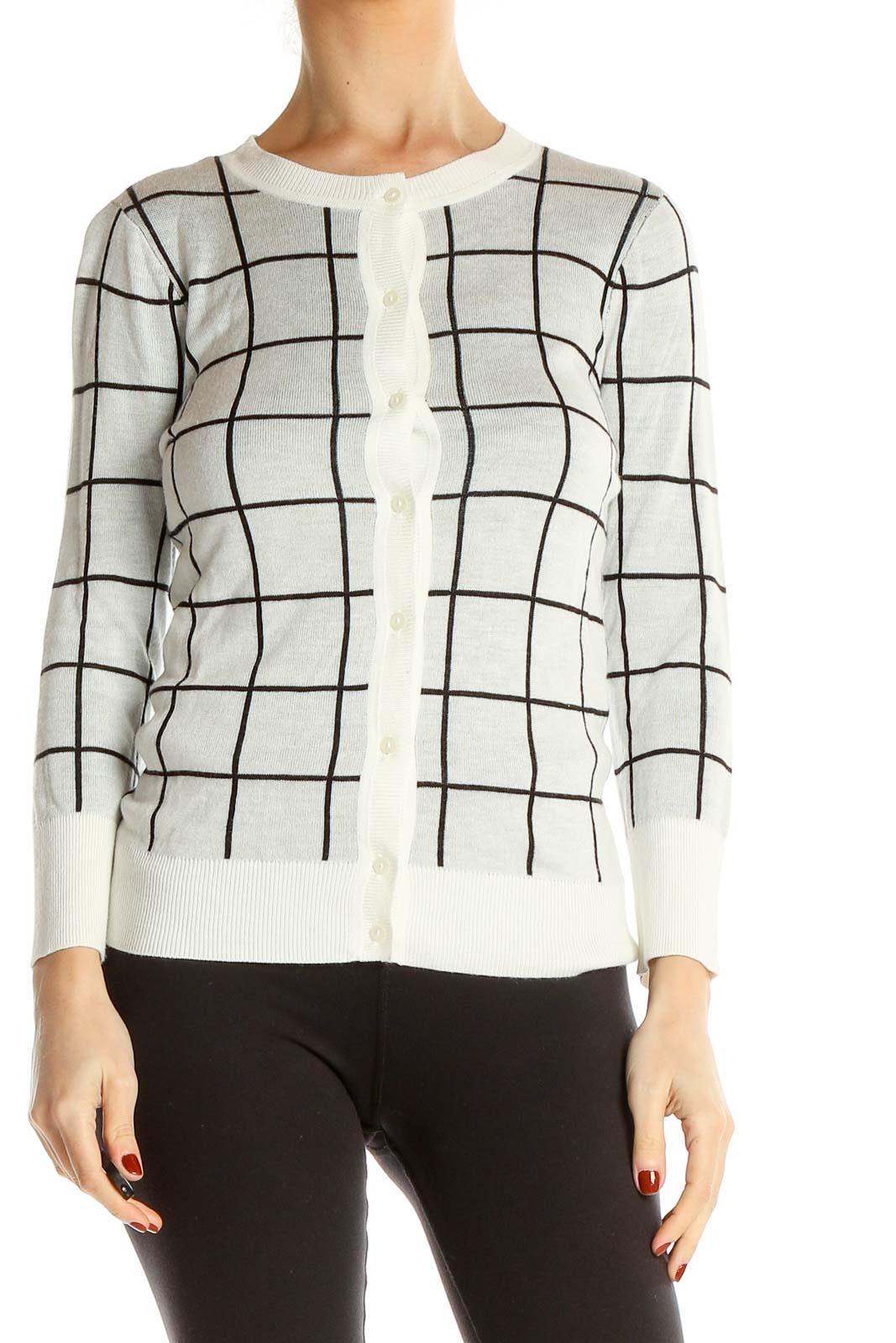 White Checkered Cardigan Front