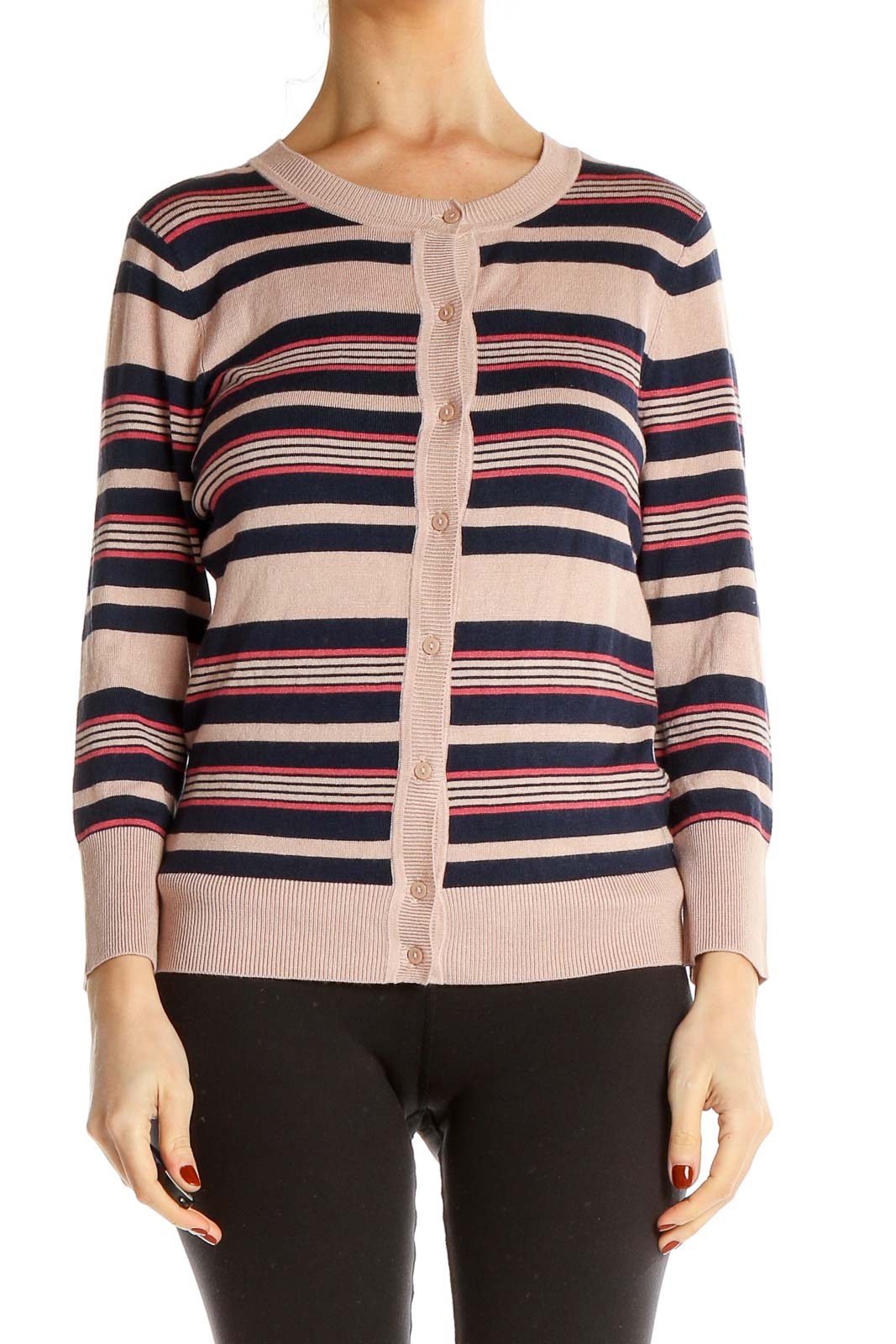 Pink Striped Cardigan Front