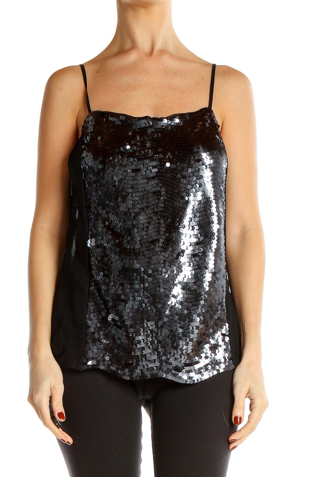 Black Sequin Party Tank Top Front