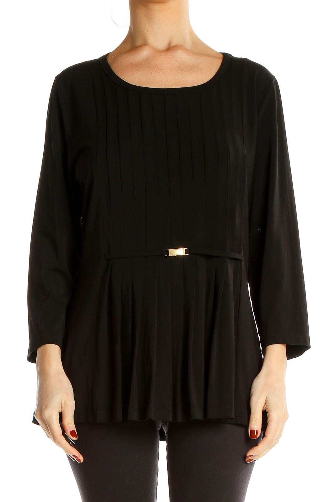Black Chic Pleated Belted Blouse Front