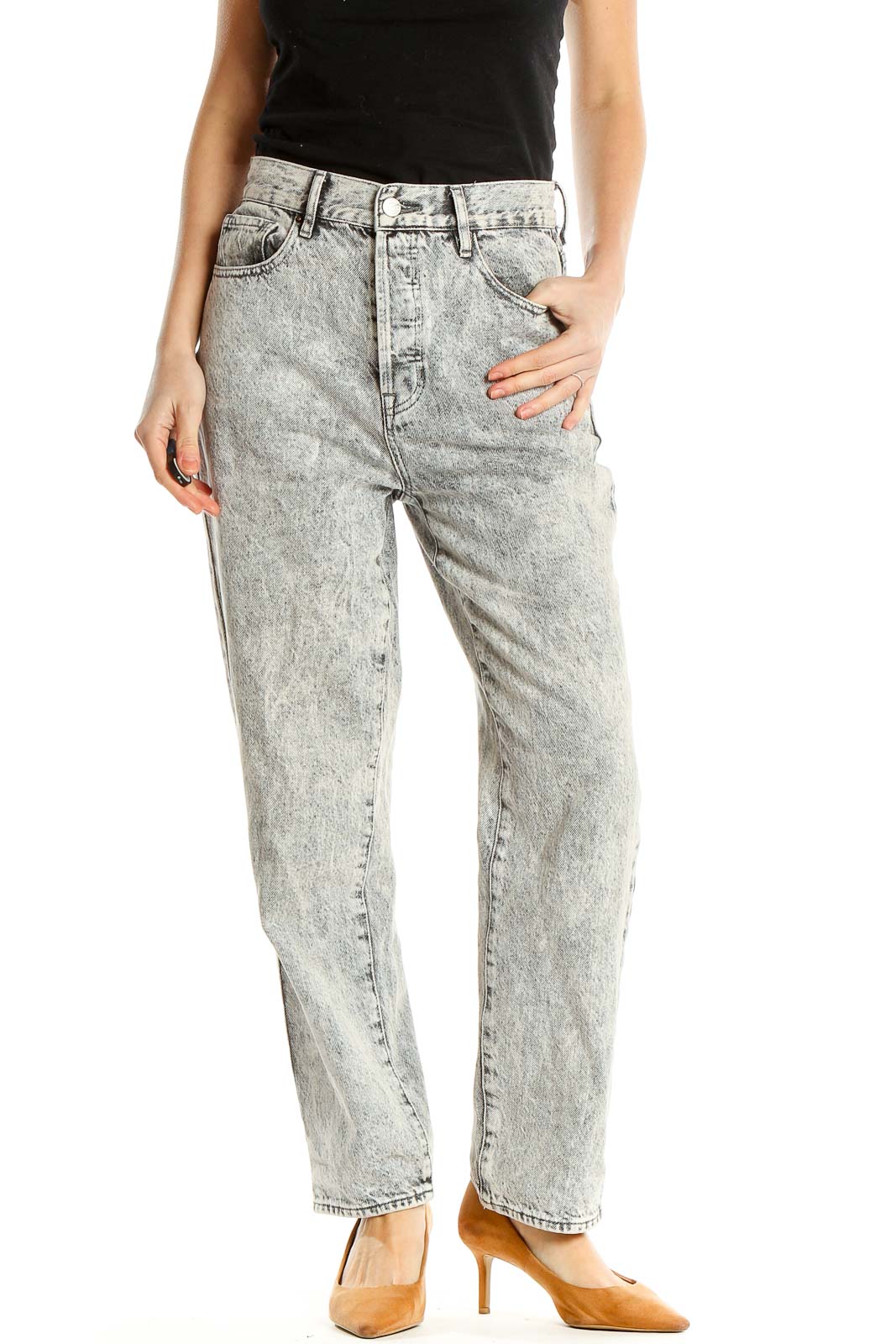 Gray Acid Wash Boyfriend Jeans Front