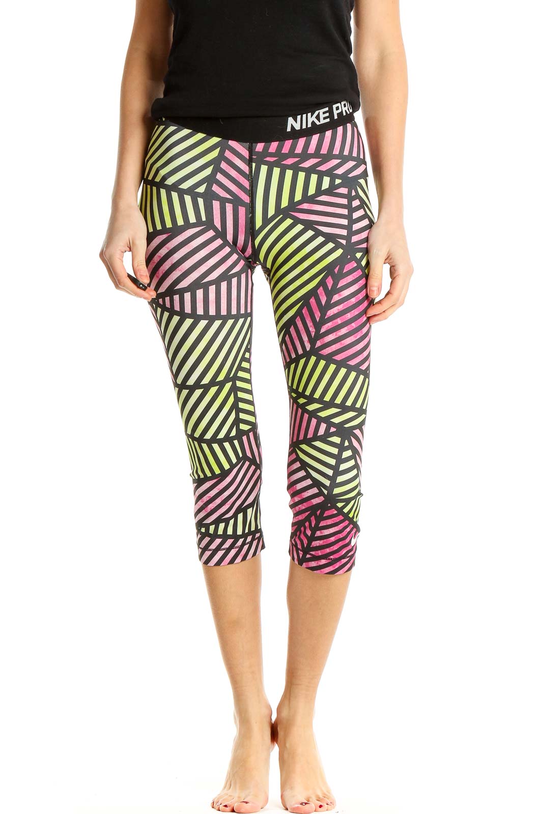 Pink Green Printed Activewear Cropped Leggings Front
