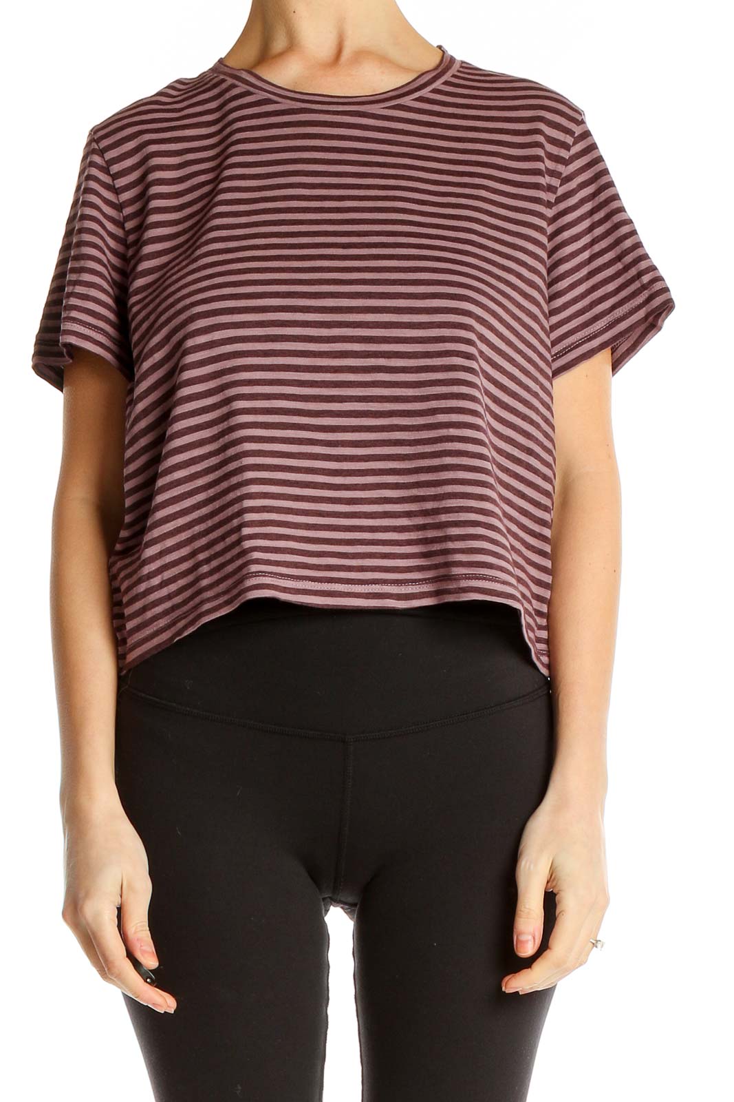 Pink Striped Casual Cropped T-Shirt Front
