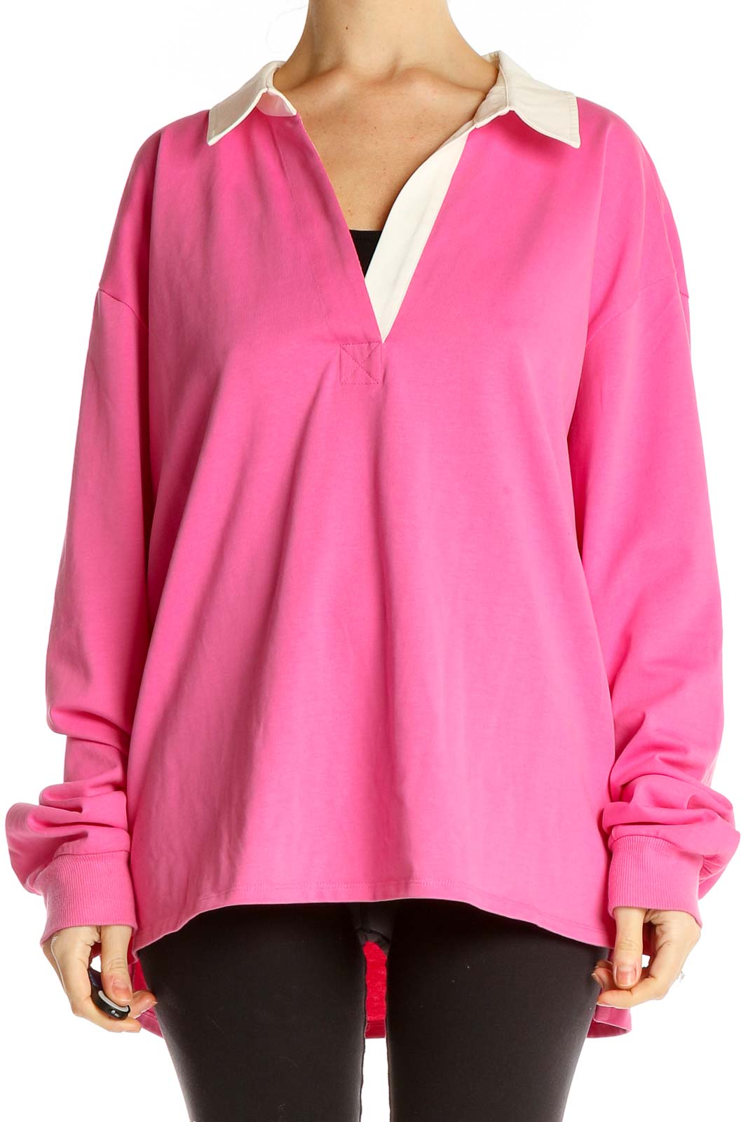 Pink White Collared Sweater Front